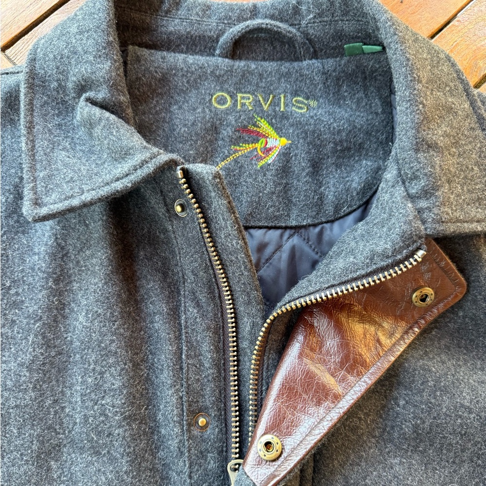 Orvis Gray Wool-Blend Pea Coat with Brown Leather Trim
